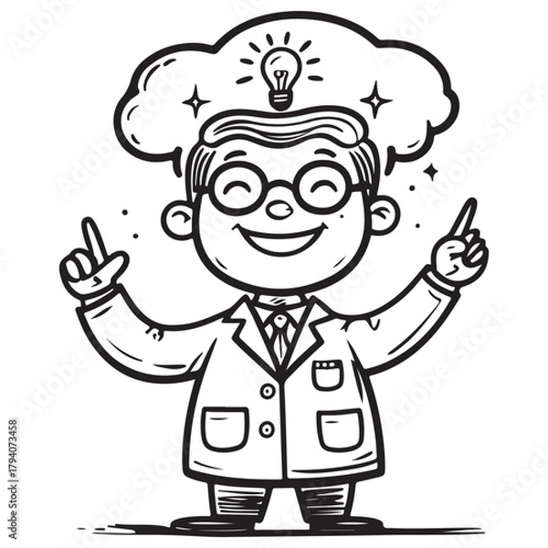 Fototapeta Black and White Line Art of Cartoon Scientist with Idea Lightbulb