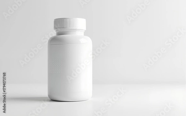Fototapeta White plastic medicine bottle with a blank label for product branding mockup on a clean studio background. High quality