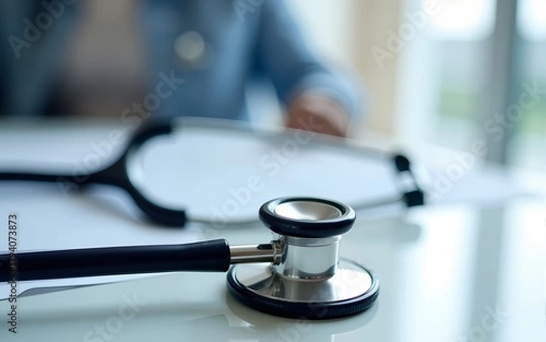 Fototapeta Medical Stethoscope on Desk with Healthcare Image. High quality