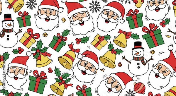 Obraz Christmas seamless pattern with cheerful Santa Claus, snowmen, gifts, and festive bells.