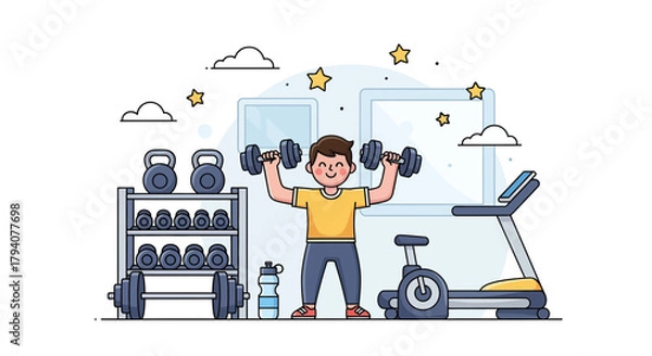 Fototapeta A happy man enthusiastically lifts weights in a bright, modern home gym setup.