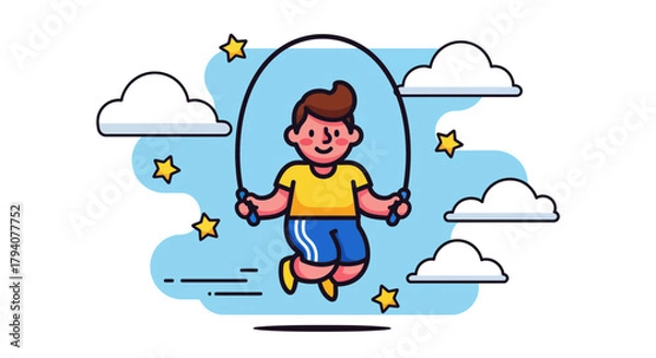 Obraz A cheerful cartoon boy enjoys jumping rope amidst fluffy clouds and sparkling stars.