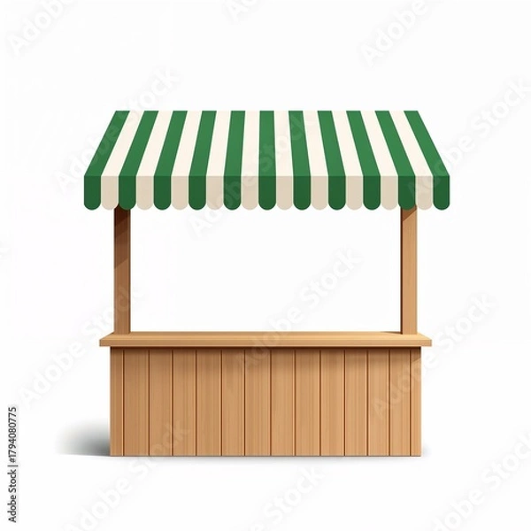 Obraz Empty market stall with green striped awning and wooden counter