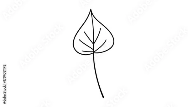 Fototapeta Simple, line-art illustration of a single leaf with a long, slender stem against a plain white background. The leaf is heart-shaped