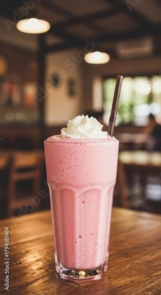 Fototapeta Tall glass of pink frozen beverage topped with whipped cream rests on a wooden table inside a cafe.