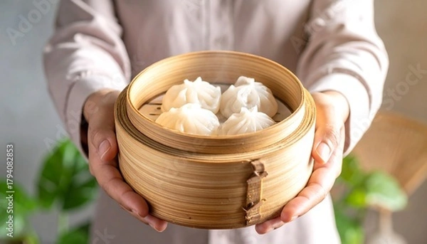 Obraz Steaming Dim Sum Dumplings in Bamboo Steamer Basket.