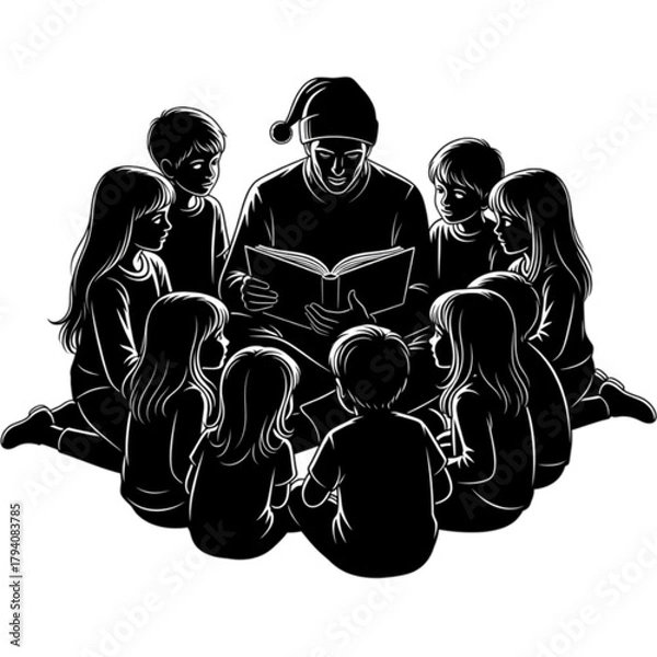 Fototapeta Man in a nightcap reading a bedtime story to a circle of children.