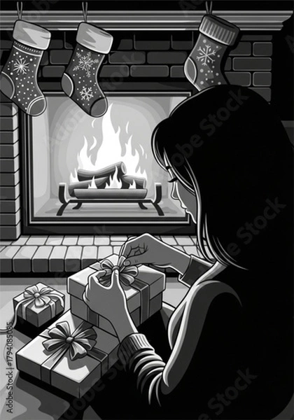 Obraz A woman seen from over the shoulder carefully wrapping Christmas presents.