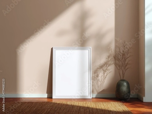 Fototapeta Minimalist interior with a vertical white frame mockup, vase, and sunlit shadows.