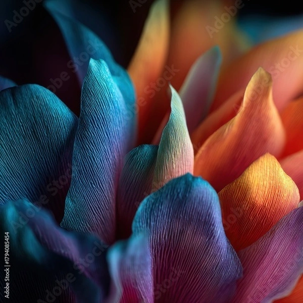 Fototapeta Macro view of vibrant, textured flower petals in a spectrum of blues, purples, and oranges.