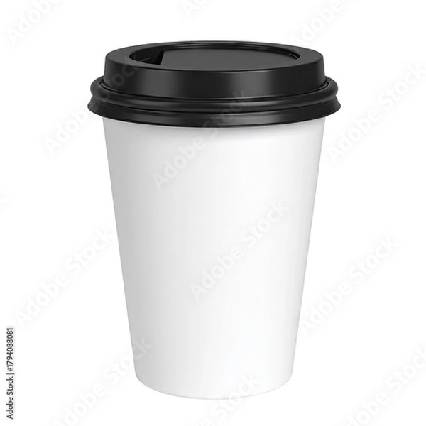 Obraz White paper coffee cup with black lid on black background