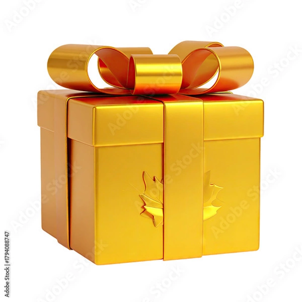 Obraz Gold gift box with orange ribbon and maple leaf shape