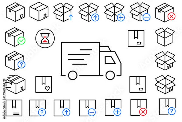 Fototapeta Shipping and Delivery Box Icon Set – Logistics, Packaging, Courier, Parcel Line Icons Collection