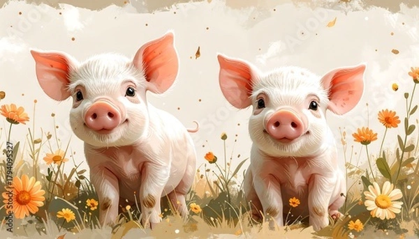 Fototapeta Two Adorable Piglets in a Vibrant Meadow with Orange Flowers, Watercolor Style.
