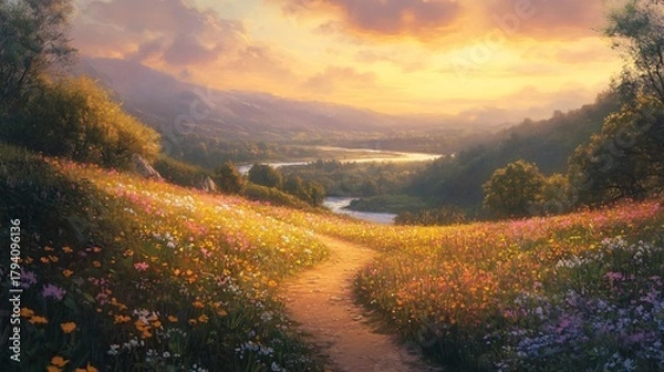 Fototapeta Path Through Vibrant Wildflower Meadow at Golden Hour