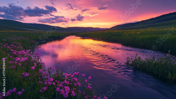 Fototapeta Vibrant Sunset Reflection on a Flowing Meadow River