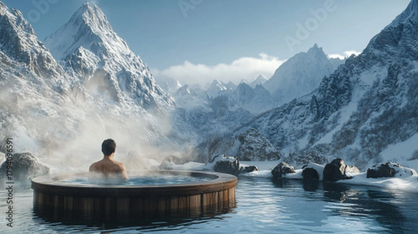 Fototapeta Steaming Hot Tub Retreat in a Snowy Alpine Valley