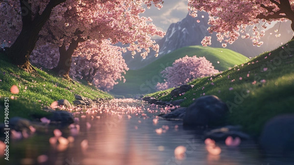 Fototapeta Cherry Blossom Petals Floating Down Mountain Stream