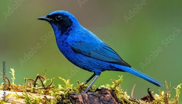 Obraz Vibrant Blue Bird Perched on a Mossy Branch.