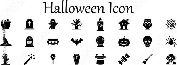 Fototapeta Collection of Halloween icons including a cauldron, tombstone, ghost, spooky tree, haunted house, owl, spider web, witch hat, rip tombstone, featuring spooky and festive symbols for holiday design