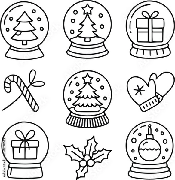 Fototapeta Festive Snow Globe Outline Icon Set  Christmas Tree, Snowflakes, and Winter Cheer