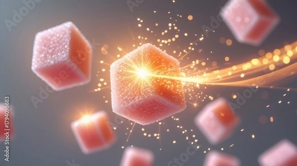 Fototapeta  Dynamic motion-blur sugar cubes soar mid-air, radiating a warm glow, with soft light dancing across their crisp texture, emitting vibrant sugary energy bursts that shimmer and sparkle, as if infused 