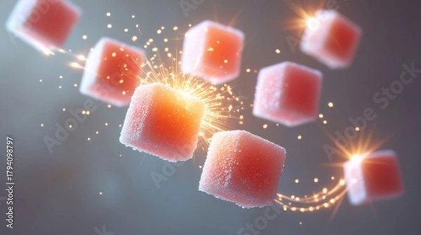 Fototapeta  Dynamic motion-blur sugar cubes soar mid-air, radiating a warm glow, with soft light dancing across their crisp texture, emitting vibrant sugary energy bursts that shimmer and sparkle, as if infused 