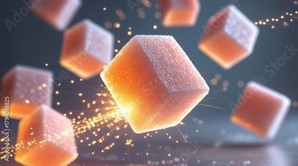 Fototapeta  Dynamic motion-blur sugar cubes soar mid-air, radiating a warm glow, with soft light dancing across their crisp texture, emitting vibrant sugary energy bursts that shimmer and sparkle, as if infused 