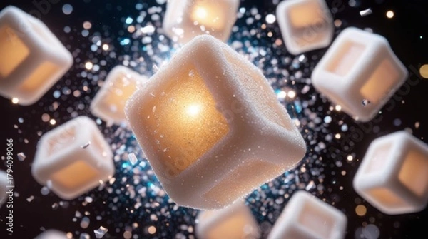 Fototapeta Floating sugar cubes are suspended in mid-air, frozen in dynamic motion, with a creamy texture that glistens in the light, surrounded by glimmering particles that catch the eye, and an explosive sweet