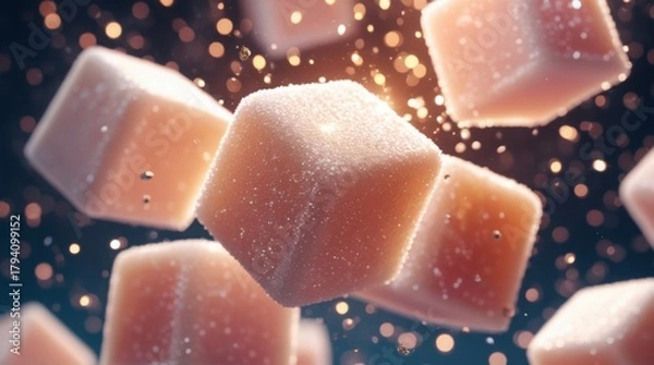 Fototapeta Floating sugar cubes are suspended in mid-air, frozen in dynamic motion, with a creamy texture that glistens in the light, surrounded by glimmering particles that catch the eye, and an explosive sweet