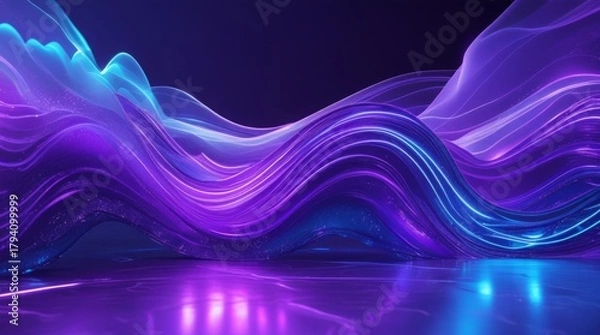 Fototapeta  Futuristic glowing neon background of deep purple and blue gradient waves, with shimmering energy motion and vibrant innovation, where electric blue undertones bleed into rich purple hues, evoking a 