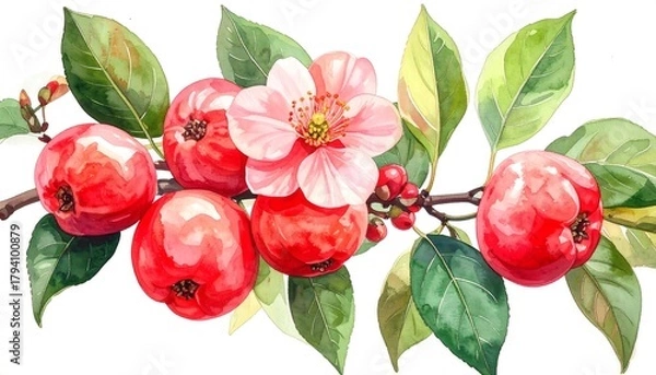 Fototapeta Watercolor painting of apples, flowers, and leaves on a branch.