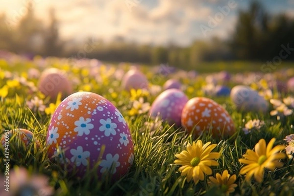 Fototapeta Background featuring colorful Easter eggs, springtime celebrations, and holiday decorations. The mockup captures the essence of vacation and festive seasons, with emphasis, Generative AI
