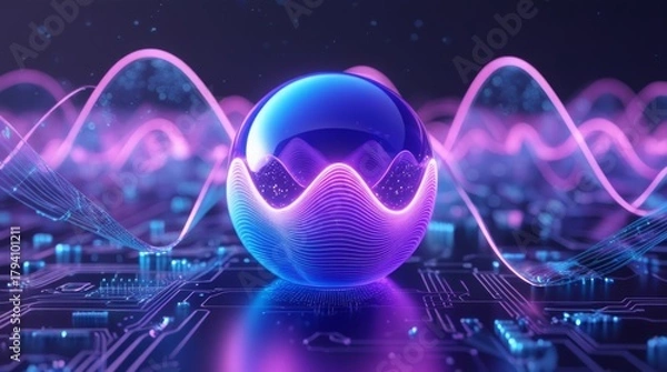 Fototapeta Vibrant blue-purple neon 3D orb with luminous gradient waves, showcasing AI, data science, and futuristic concepts, surrounded by a subtle grid of tiny, shimmering circuit boards and delicate, swirlin