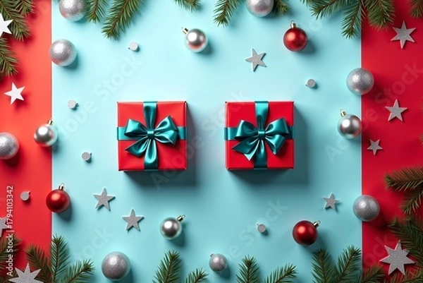 Fototapeta Two pink gifts with teal bows, surrounded by pine branches, stars, and ornaments on a festive red-blue background.