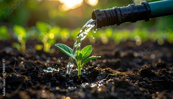 Obraz Watering a young plant in the garden with a hose.
