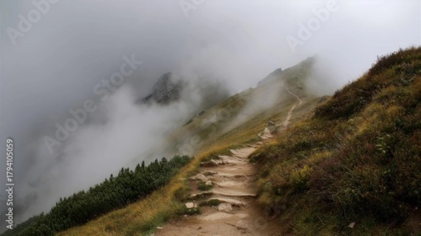 Fototapeta Mountain Trail Through Foggy Peaks: Scenic Hiking Path Landscape