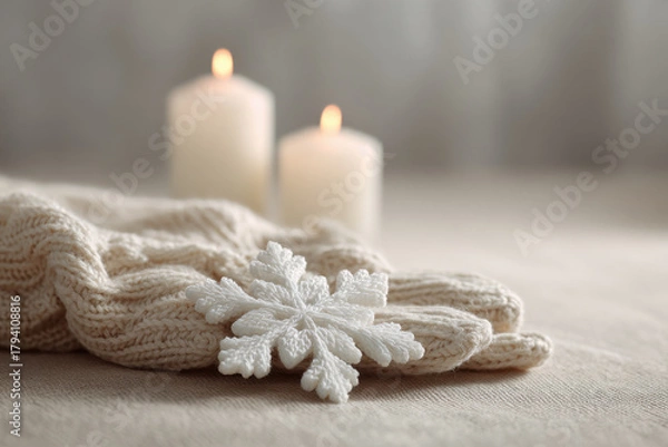 Fototapeta closeup of delicate snowflakes resting on cozy woolen mitten illuminated by warm candlelight in background