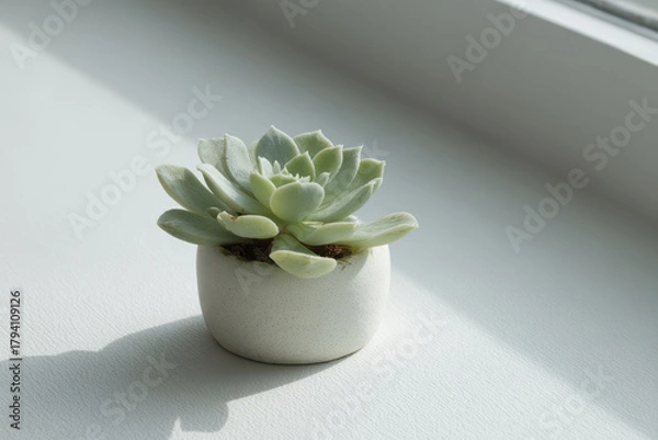 Fototapeta succulent plant sits elegantly on windowsill with informative text about urban care popping up nearby