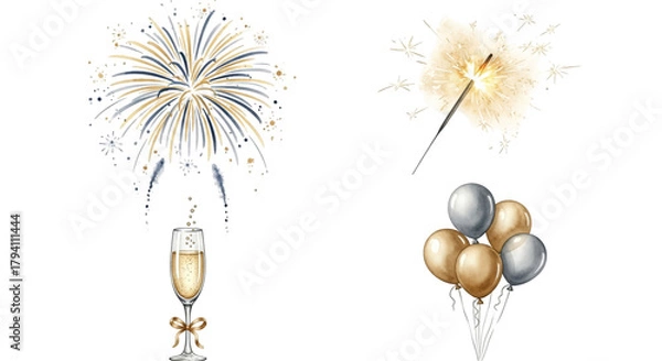 Obraz Festive Celebration Elements Including Fireworks Champagne and Balloons.