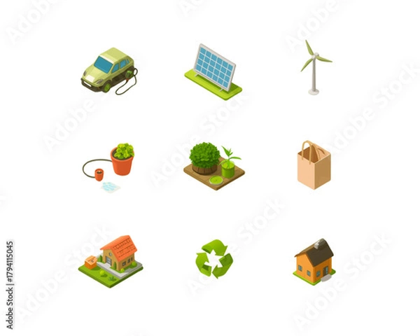 Obraz 3D Eco and Renewable Energy Icons Set – Sustainability, Green Environment, Recycling Symbols on transparent background