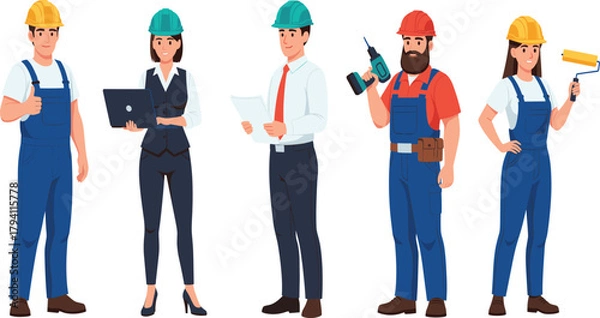 Fototapeta Diverse group of construction and engineering professionals, including workers, architects, and designers, wearing hard hats and holding tools or blueprints.