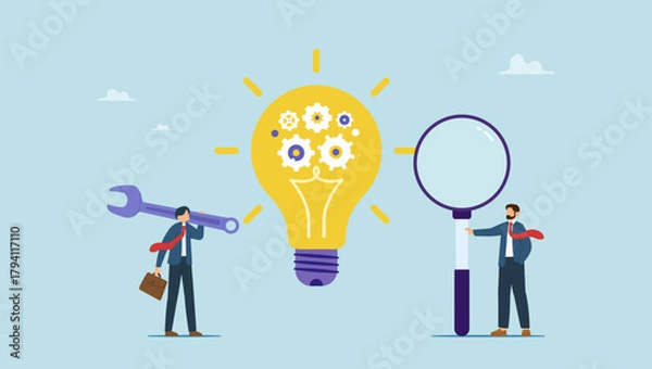 Fototapeta Businessman with magnifier with light bulb idea with cog wheels. Product development, research and optimize for development process to launch new product, project management or productivity.