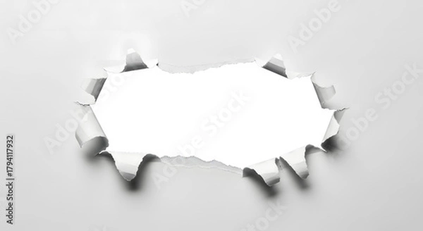 Fototapeta Horizontal tear hole in the center of a clean white sheet of paper