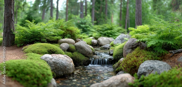 Obraz Serene spa environment featuring tranquil stream flowing through lush greenery and vibrant ferns, creating perfect setting for relaxation and wellness therapy