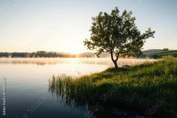 Fototapeta Serene sunrise reflection at a quiet lakeside nature photography calm environment relaxing view tranquil concepts for mindfulness