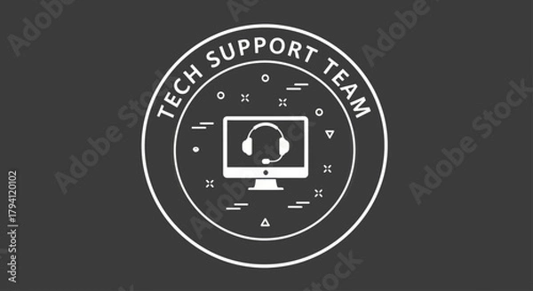 Fototapeta A circular graphic design featuring a computer monitor with headphones and microphone, symbolizing a tech support team.