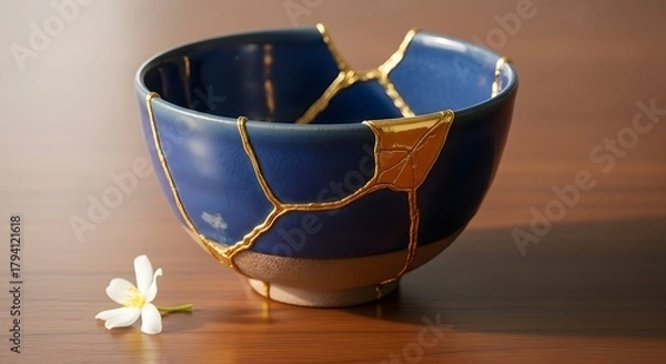Fototapeta A beautifully crafted ceramic bowl with a blue and gold crackle glaze design placed on a wooden surface, accompanied by a small white flower for decoration