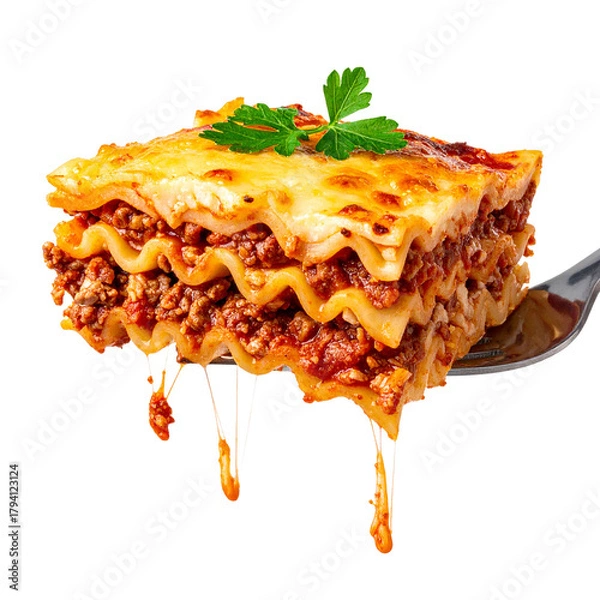 Fototapeta Savory Lasagna Delight: A forkful of delectable lasagna, showcasing layers of pasta, rich meat sauce, and melted cheese, garnished with a sprig of fresh parsley, promising a taste of comfort.