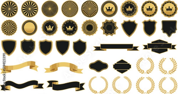 Fototapeta Premium Vector Collection of Luxurious Gold and Black Badges, Elegant Ribbons, Vintage Laurels, and Royal Emblems for Graphic Design and Branding Projects